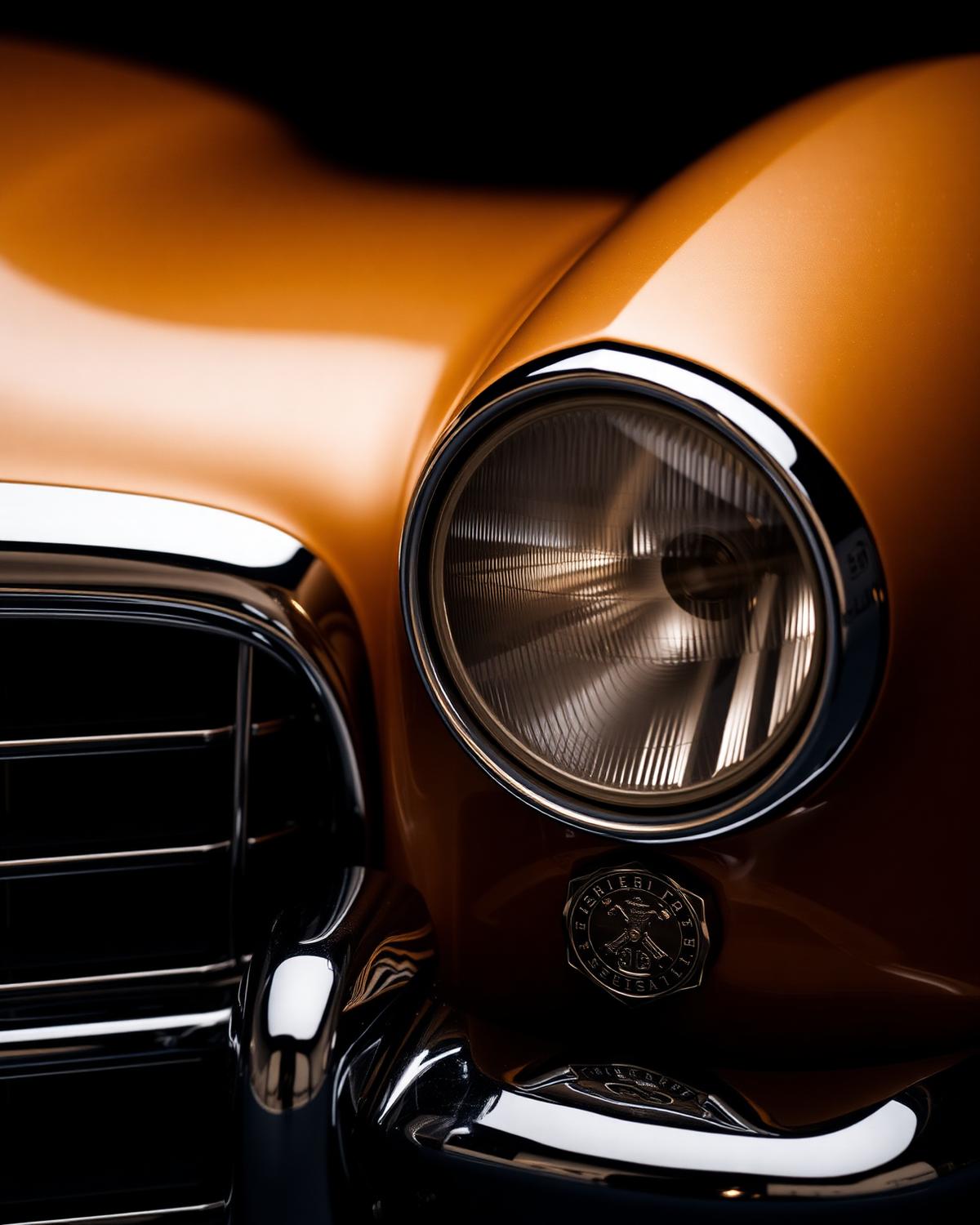Detalhe de farol e emblema de automóvel clássico